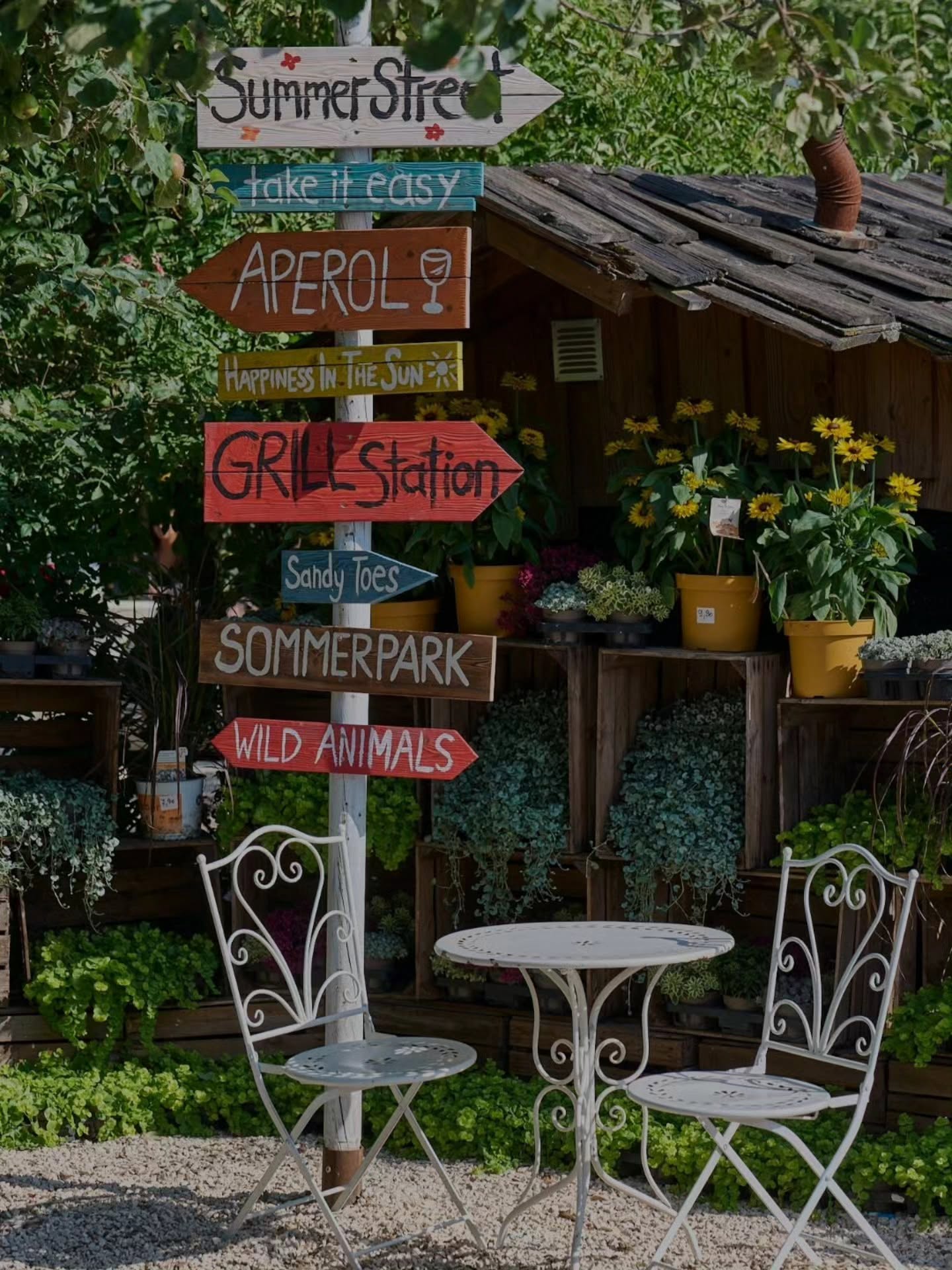 Bunter, handbemalter Wegweiser mit Schildern wie Summer Street, Grill Station, Aperol und Wild Animals vor dem Hofladen des Gertrudenhofs